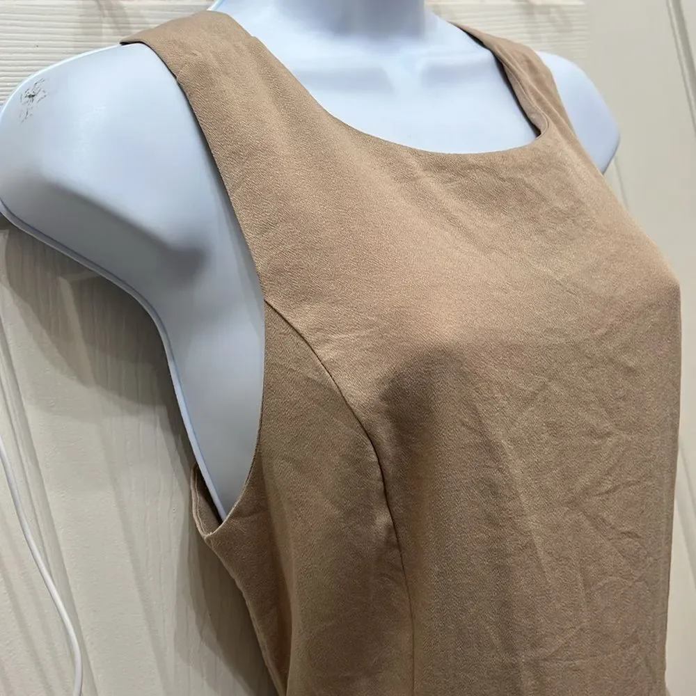 Nasty Gal Khaki Beige Pants Romper Scoop Neck Sleeveless Wide Leg Cut Out Back - Picture 3 of 17